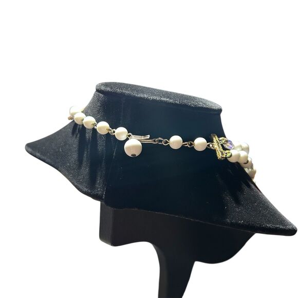 Vintage 15" White Beaded Gold Tone Paint Splattered Two Strand Necklace - Picture 4 of 6